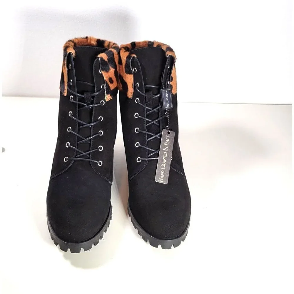 Made In Italy Leopard Animal Print Laced Up Suede Booties Boots Black US 8 EU 38
